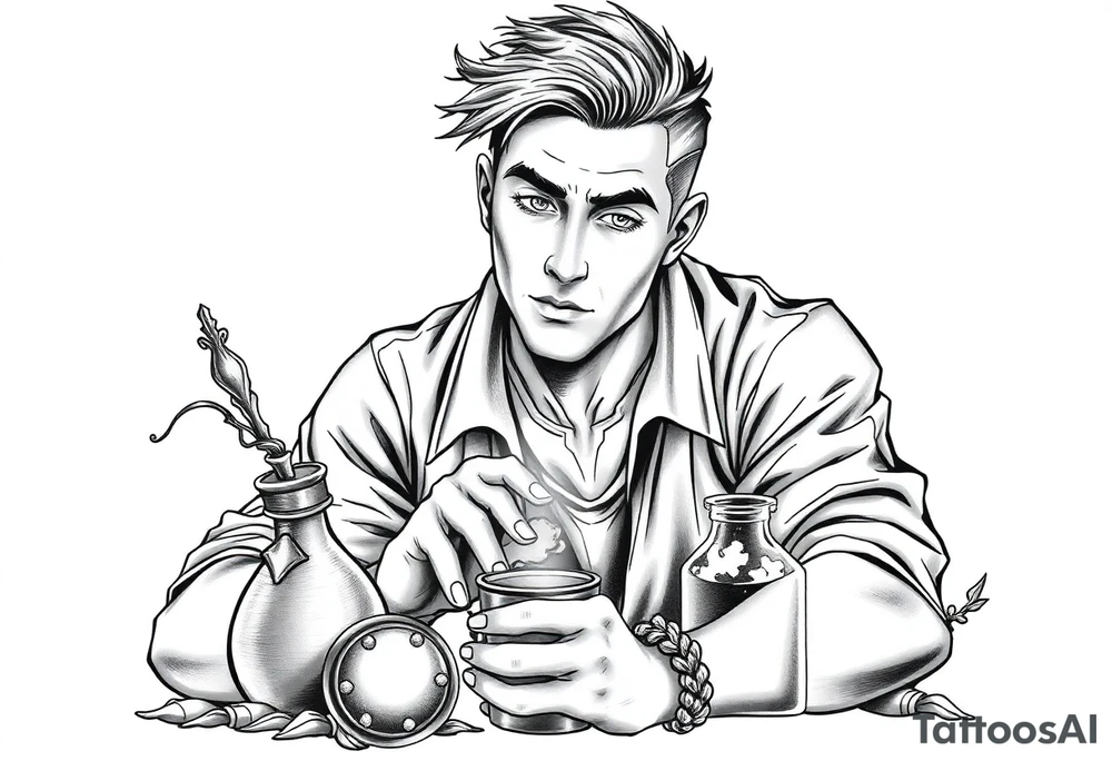 Handsome young adult guy is  accidentally stumbled upon witch tools, supplies, artifacts, potions and exploring it curiously tattoo idea