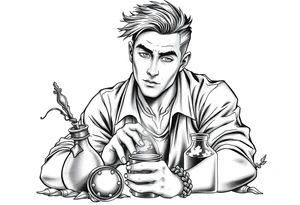 Handsome young adult guy is  accidentally stumbled upon witch tools, supplies, artifacts, potions and exploring it curiously tattoo idea