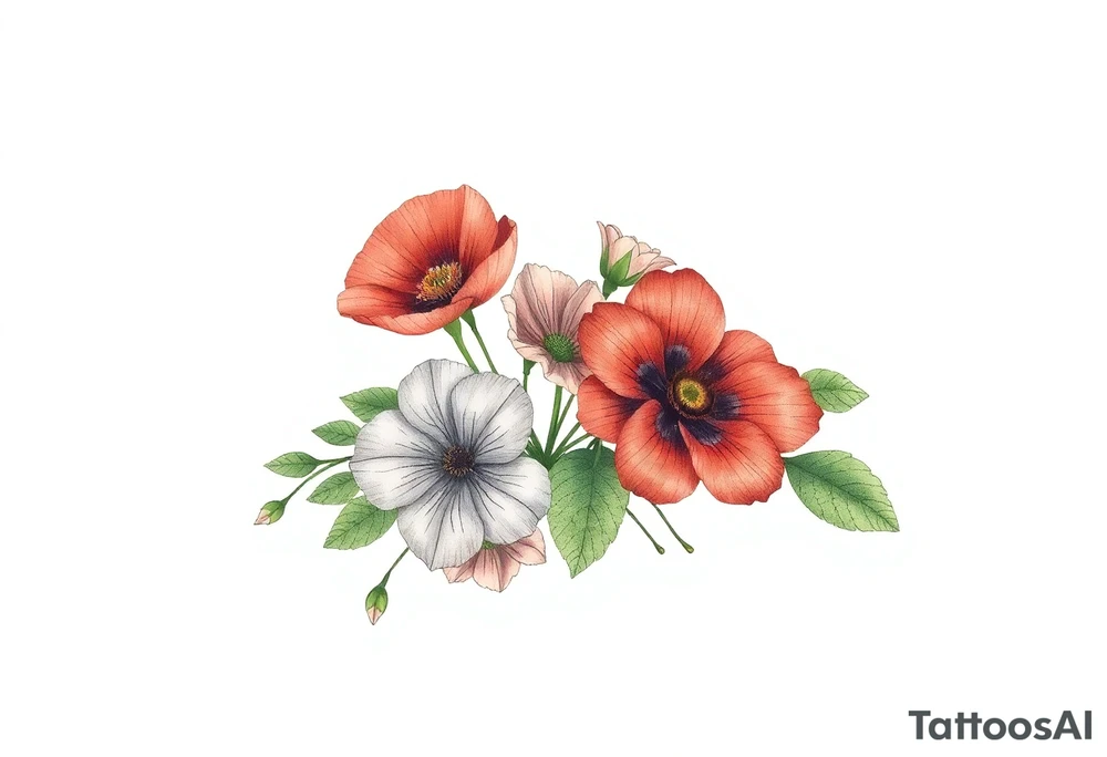 Fore arm tattoo in the neo american traditional style. I want to incorporate a few different flowers: Poppies, Morning Glory, Narcissus with green leaves in the background tattoo idea