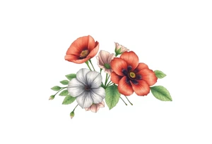 Fore arm tattoo in the neo american traditional style. I want to incorporate a few different flowers: Poppies, Morning Glory, Narcissus with green leaves in the background tattoo idea