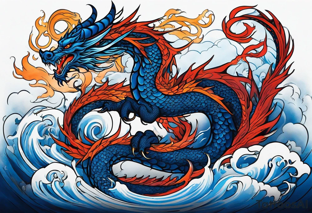 An epic with no wings, floating. Its long body coiling dynamically, with scales and horns detailed to create a sense of movement and strength. The dragon's main color is midnight blue, giving a vibrant depth and a mystical aura. This tattoo highlights the dragon’s fierce expression and sharp claws. tattoo idea