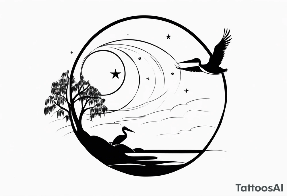 A simple willow tree with a flying pelican. A sun a moon and a star tattoo idea