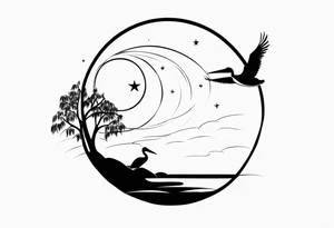 A simple willow tree with a flying pelican. A sun a moon and a star tattoo idea