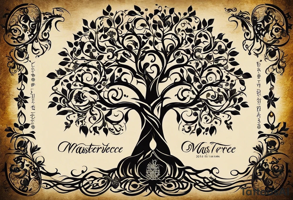 The tattoo should have a kind of family tree or roots where over half the arm where the date of birth of my children can be seen. There are supposed to be several swords over this family tree like the Damaglos, which is supposed to show attacks on my family. A symbol that shows the protection and strength of us would also be good. The death of my mother in 2018 should also be found tattoo idea