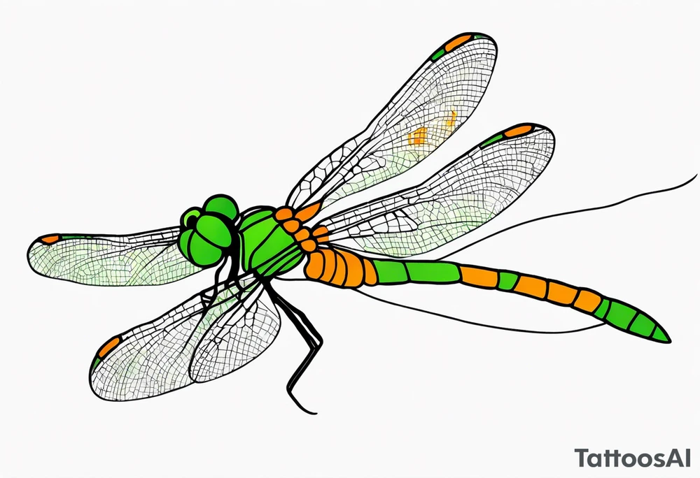 green and orange dragonfly on a twig tattoo idea