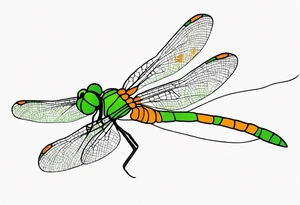 green and orange dragonfly on a twig tattoo idea