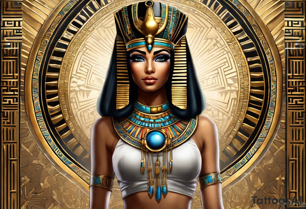Egyptian figure girl. The figure should be full, with legs, featuring a regal headdress and detailed facial markings reminiscent of ancient Egyptian art. Include mystical and symbolic elements such as the Eye of Horus and ankh, blending subtly with geometric background patterns. 
Hyperrealism tattoo idea