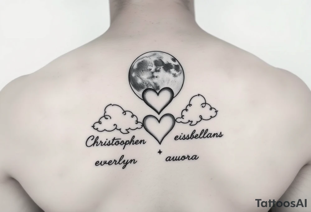 moon and a star and a heart and clouds with the names Christopher everlyn elisabella auora tattoo idea