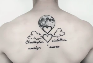 moon and a star and a heart and clouds with the names Christopher everlyn elisabella auora tattoo idea