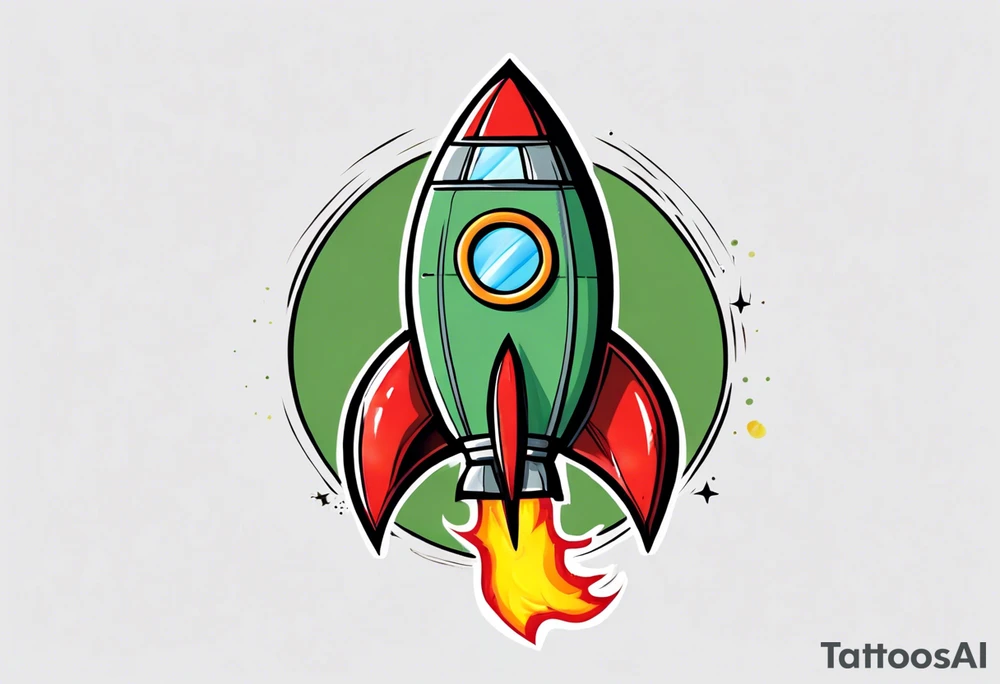 Super simple cartoon rocket ship with a round window, 3 fins, and fire coming out the bottom

Add some shading and detail to make less basic

Use green, yellow, silver. No red or blue. tattoo idea