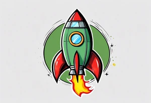 Super simple cartoon rocket ship with a round window, 3 fins, and fire coming out the bottom

Add some shading and detail to make less basic

Use green, yellow, silver. No red or blue. tattoo idea