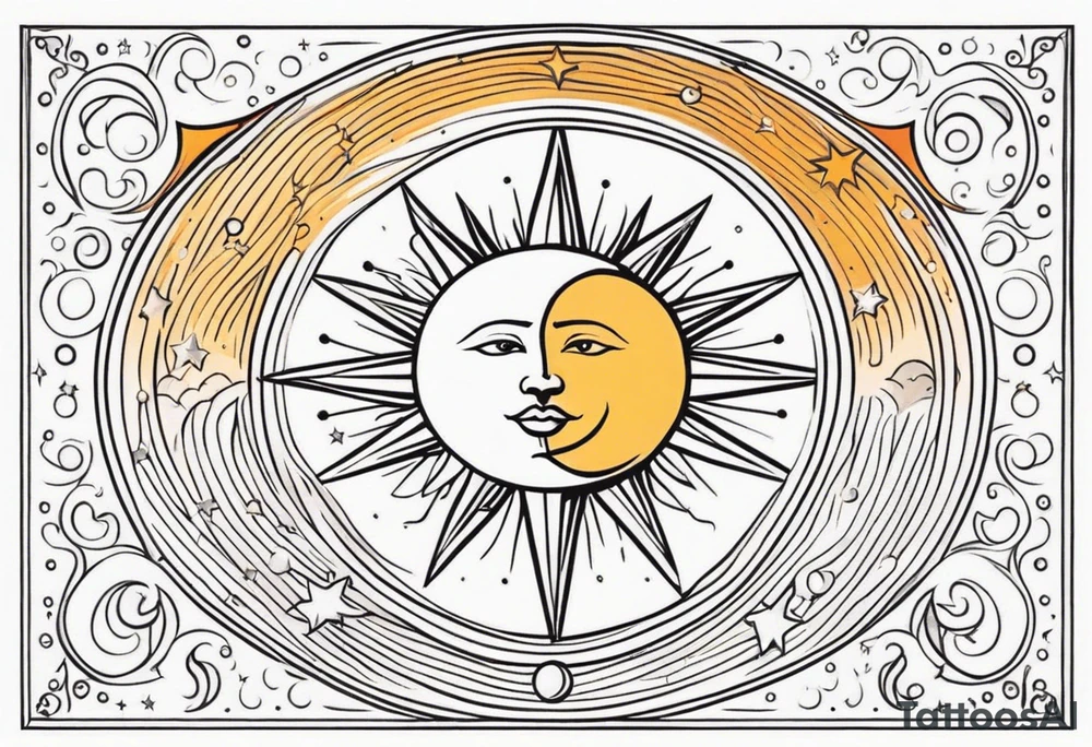 Western sun stars and moon. Mirrored with swirls and dots and stars tattoo idea
