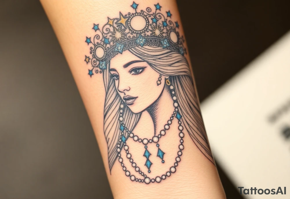 A regal Virgo queen with an intricate celestial headdress, adorned with silver moons, deep blue stars, and delicate pearls tattoo idea