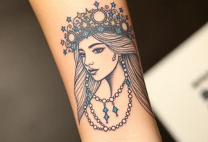 A regal Virgo queen with an intricate celestial headdress, adorned with silver moons, deep blue stars, and delicate pearls tattoo idea