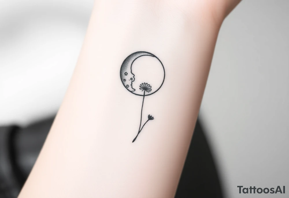 Small black and white tattoo waxing creaxent moon with small Daisy birth flower and tiny leo gliph tattoo idea