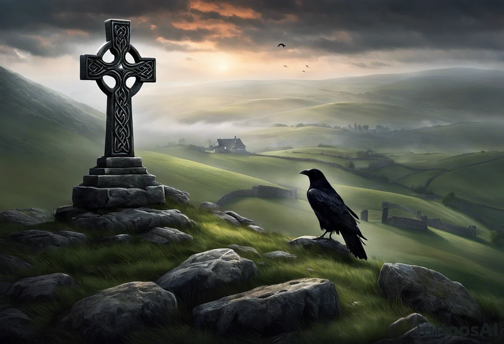 A stone Celtic cross solemnly standing atop a hill, a raven perches atop the cross staring out over the desolation. A ruined stone wall lies crumbling near the cross. Mist rolls along the hilltops adding to the melancholic nature of the scene. tattoo idea