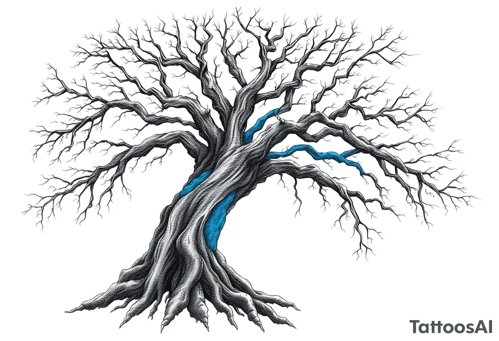 Black and white Tree with roots. Blue water inside the whole tree like veins tattoo idea