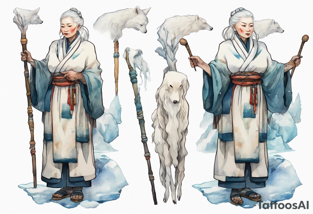 a 40 year old Sami woman with white hair and a white robe holding a long ivory staff, standing on an iceberg tattoo idea