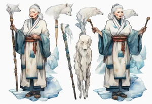 a 40 year old Sami woman with white hair and a white robe holding a long ivory staff, standing on an iceberg tattoo idea