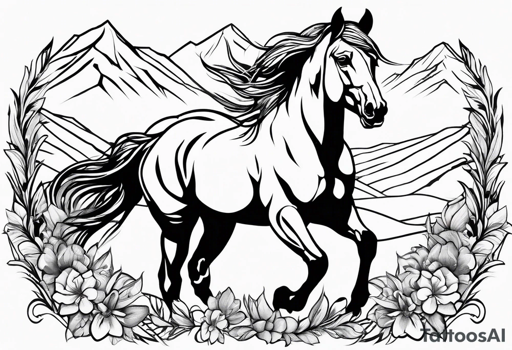 Wild horse, mountain background, feather, flowers, western tattoo idea
