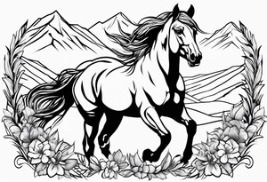 Wild horse, mountain background, feather, flowers, western tattoo idea