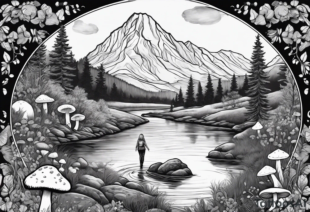 Whole picture encircled fully

Straight long blonde hair hippie girl in distance holding mushrooms in hand facing away toward mountains and creek surrounded by mushrooms long sleeve shirt and hiking pants; whole rendering within a full circle, no cut off circle tattoo idea