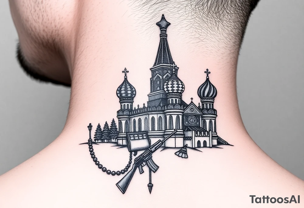St. Basil's Cathedral scene with a christian orthodox in a ak47 style with a beaded thurible chain tattoo idea