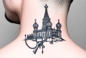 St. Basil's Cathedral scene with a christian orthodox in a ak47 style with a beaded thurible chain tattoo idea