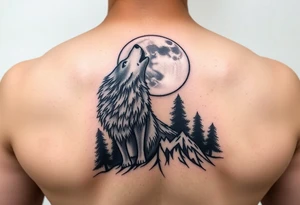 lone wolf howling at full moon with northern lights backdrop tattoo idea