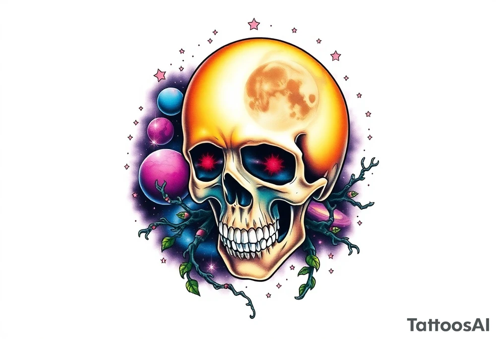 gothic skull as the moon and life as the sun. intertwined with climbing  vines as space dust connecting planets and galaxy in background of skull really bright colors used for the planets and stars shade's of Purple, Blue and black as the backdrop for galaxy tattoo idea