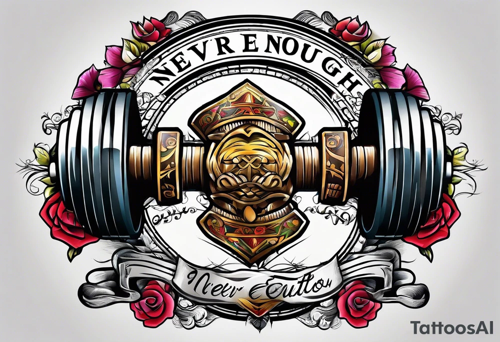 Dumbell with writing text : never enough tattoo idea