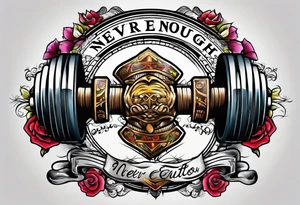 Dumbell with writing text : never enough tattoo idea