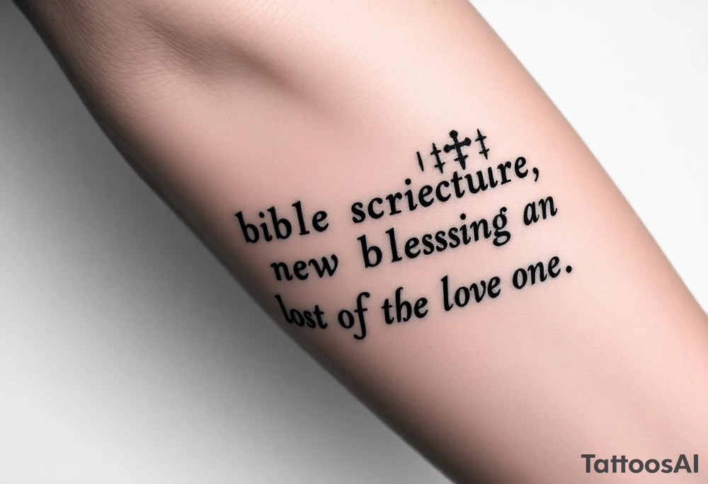 A large burning scroll of a bible scripture about new blessing and lost of a love one tattoo idea