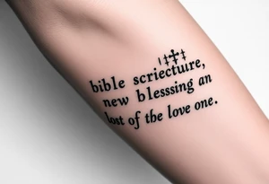 A large burning scroll of a bible scripture about new blessing and lost of a love one tattoo idea