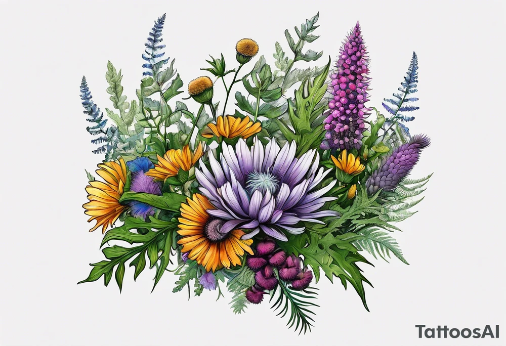 spread out mixed wildflower bouquet with ferns, thistle and with color tattoo idea