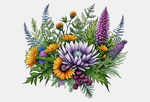 spread out mixed wildflower bouquet with ferns, thistle and with color tattoo idea