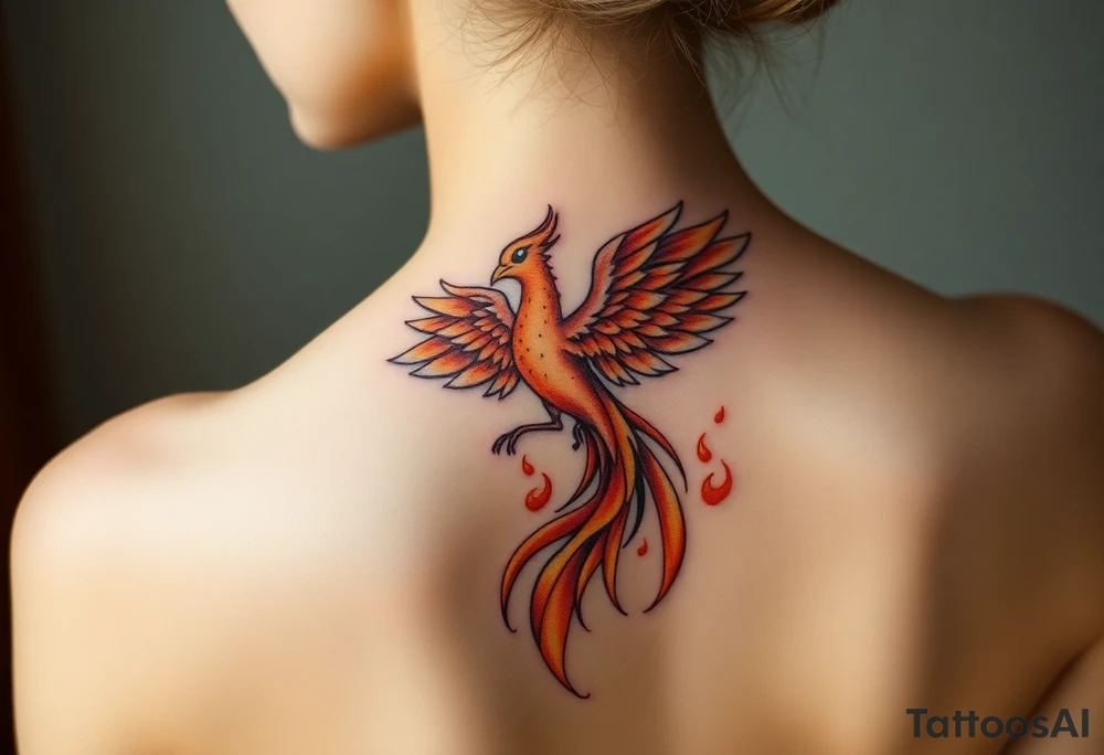 magnificent phoenix rising from golden flames with trailing embers tattoo idea