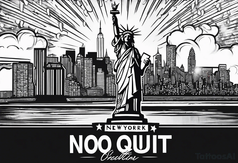New york city skyline with Statute of liberty head in the background. White outline around head. Below the skyline in grafitti style text "NO QUIT" in the negative white space with shading around it. Put ice skating marks through the text and throughout the image tattoo idea