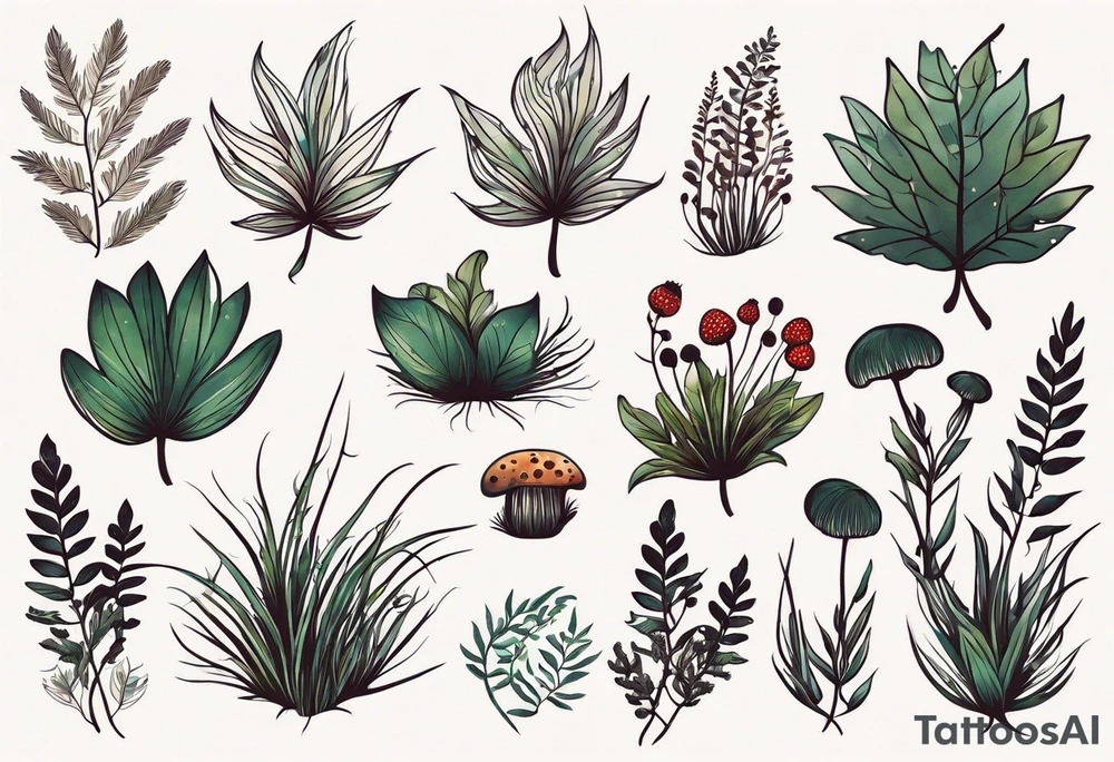 forest floor inspired minimalist tattoo, which includes grass, curly ferns, moss and dead leaves as the bulk of the tattoo. details to include: forest berries, a tiny bumblebee flying nearby, three small brown mushrooms
Generate a vertically long one tattoo idea