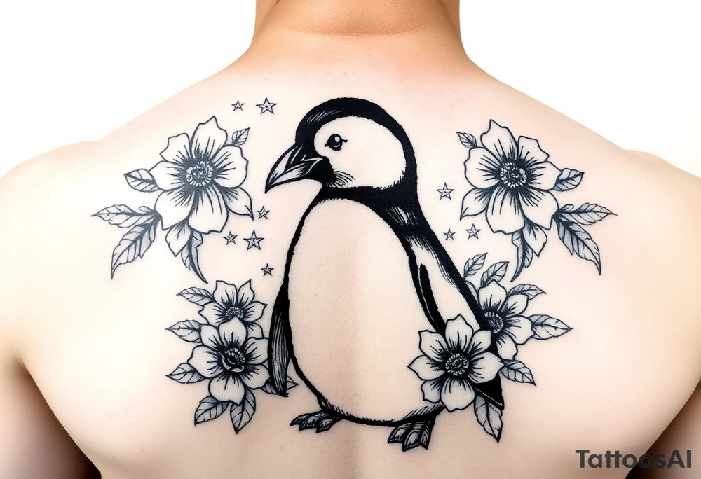 Penguin with stars and flowers black ink tattoo idea
