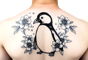 Penguin with stars and flowers black ink tattoo idea