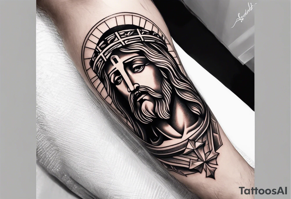 jesus leg tattoo with a cross and bible verse tattoo idea