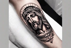 jesus leg tattoo with a cross and bible verse tattoo idea