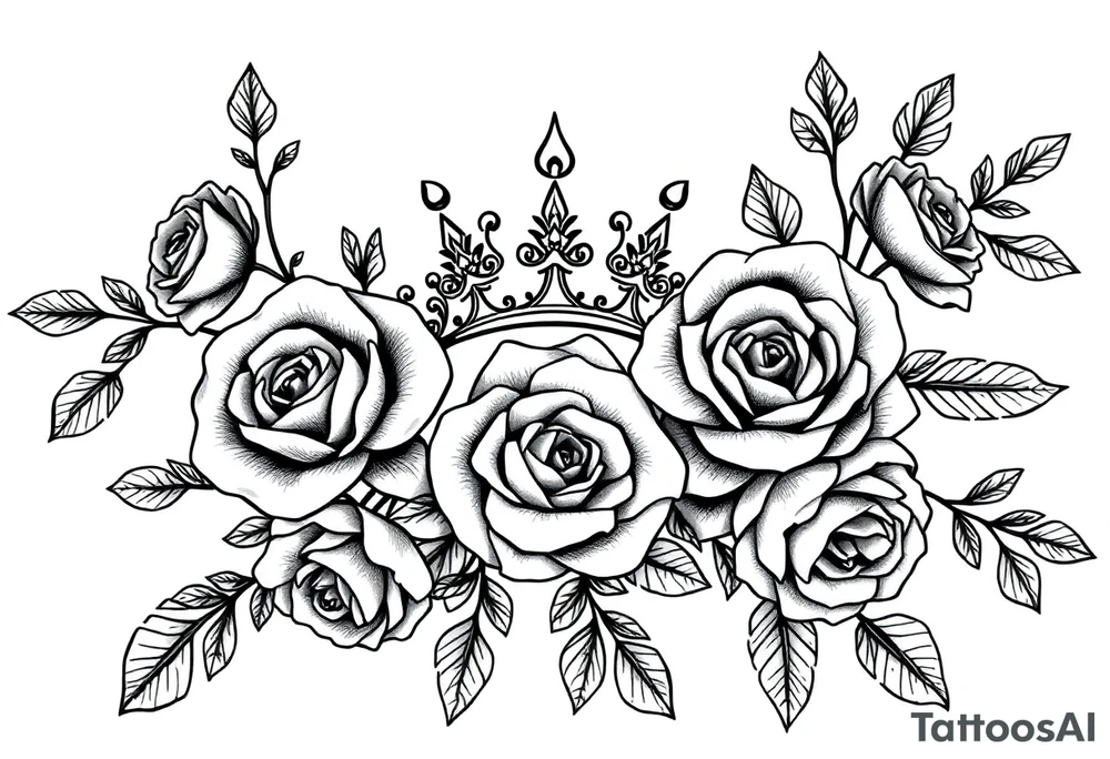detailed beautiful gothic boho flowers and roses on vine with gorgeous crown ornamental tattoo idea