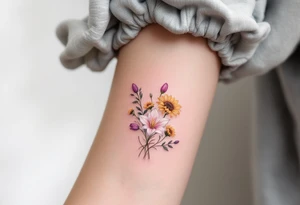 Dainty stargazer lillies in light pink with no outline with small yellow sunflowers and purple tulip buds in a dainty wildflower bouquet with stems tattoo idea