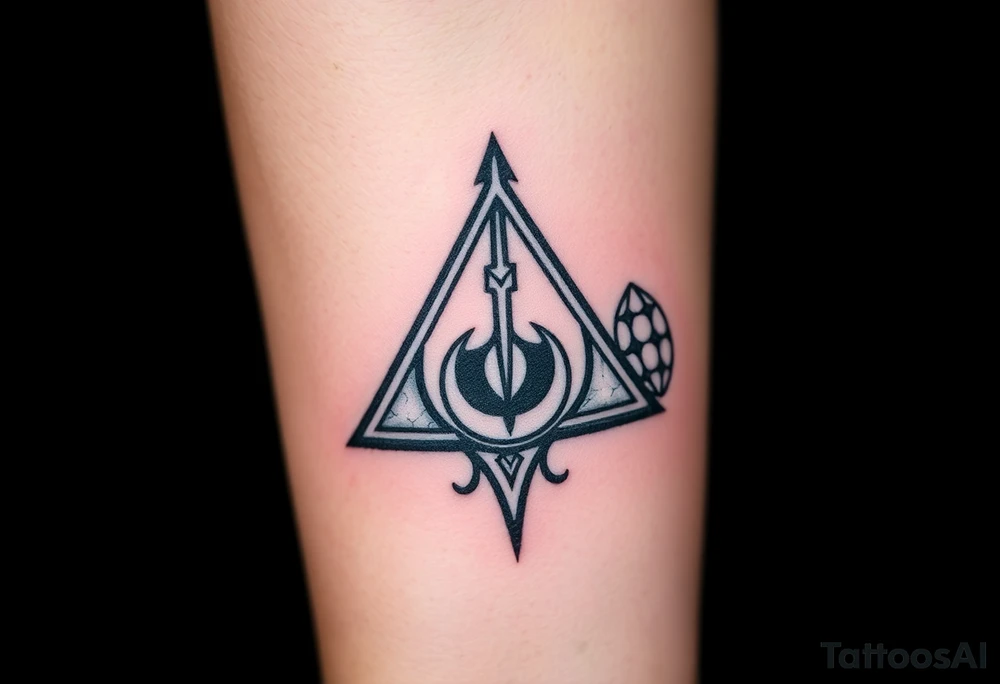 A silver and black Deathly Hallows full symbol, with each element forged in different textures—smooth metal for the Elder Wand, worn parchment for the Cloak, and cracked crystal for the Stone tattoo idea