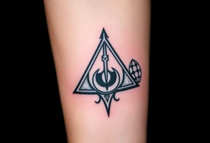 A silver and black Deathly Hallows full symbol, with each element forged in different textures—smooth metal for the Elder Wand, worn parchment for the Cloak, and cracked crystal for the Stone tattoo idea