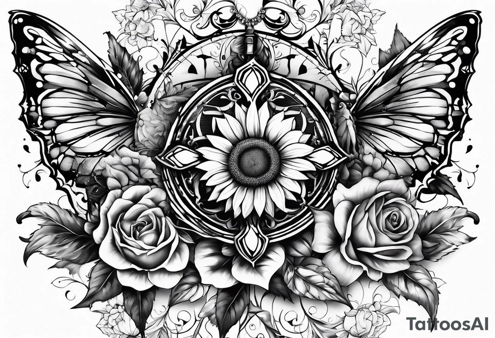 Winged cross with sunflower and butterflies tattoo idea