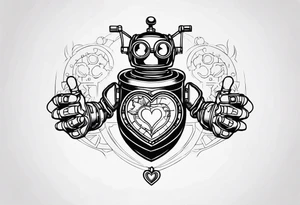 steampunk robot holding a beating heart in hands tattoo idea
