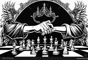 an angelic hand making a strategic move on one side of the chessboard, while the demonic hand on the other side counteracts, symbolizing the timeless struggle. tattoo idea